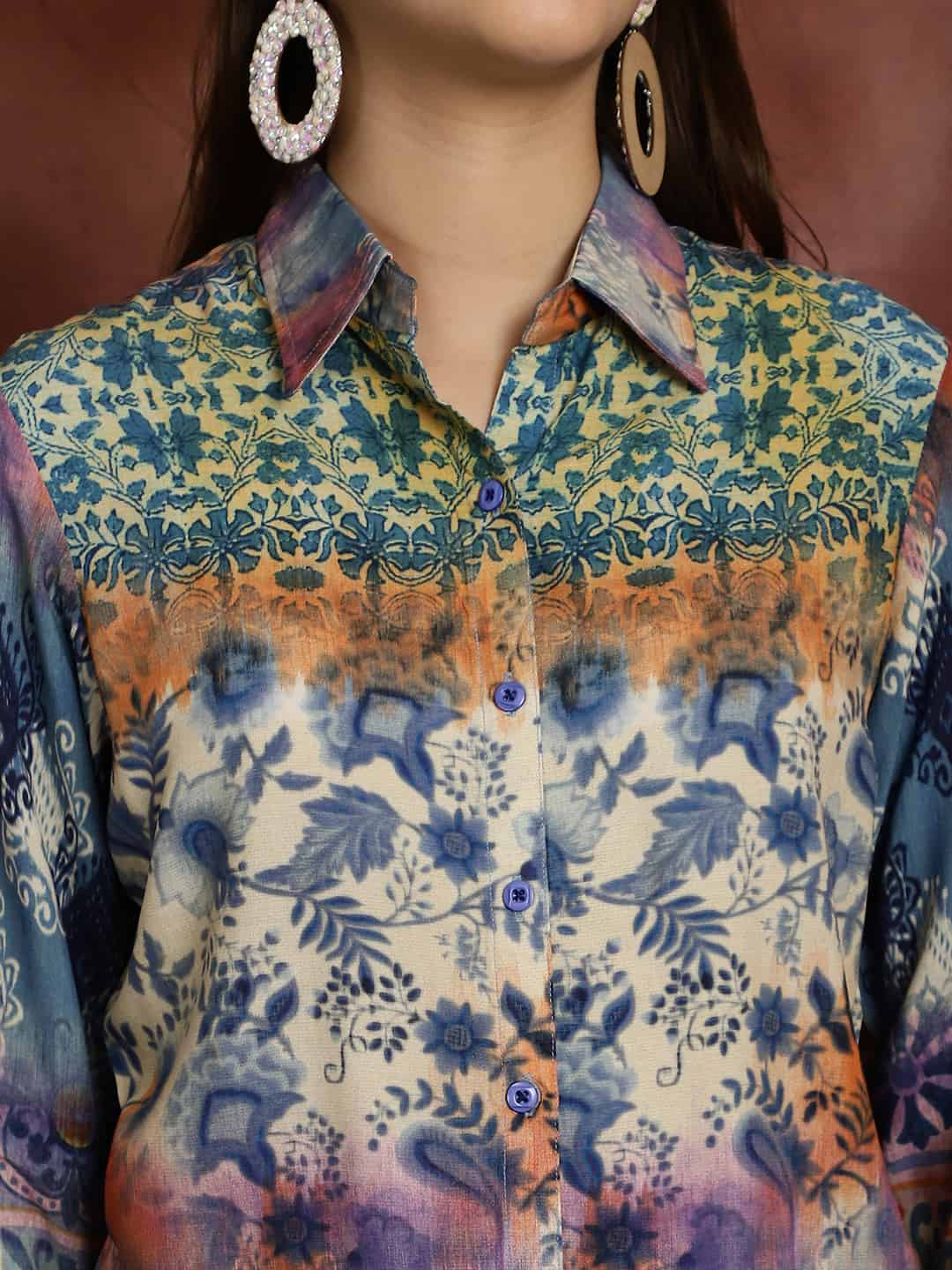 Blue Abstract Print Co-Ord Set with Flared Trousers & Shirt