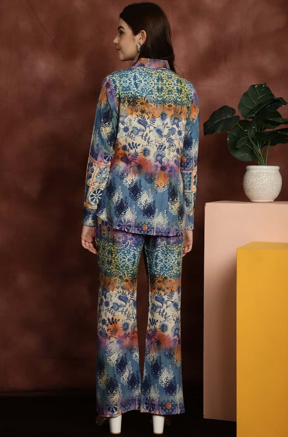 Back view of model styling Blue co-ord outfit