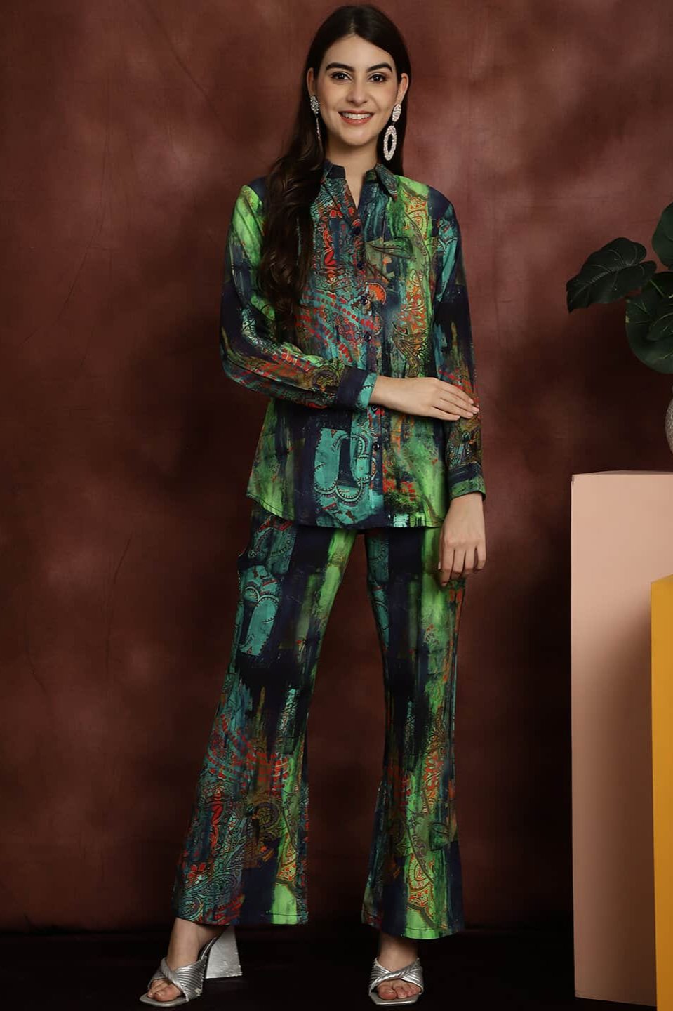 Green Printed Co-Ord Set with Trousers & Shirt