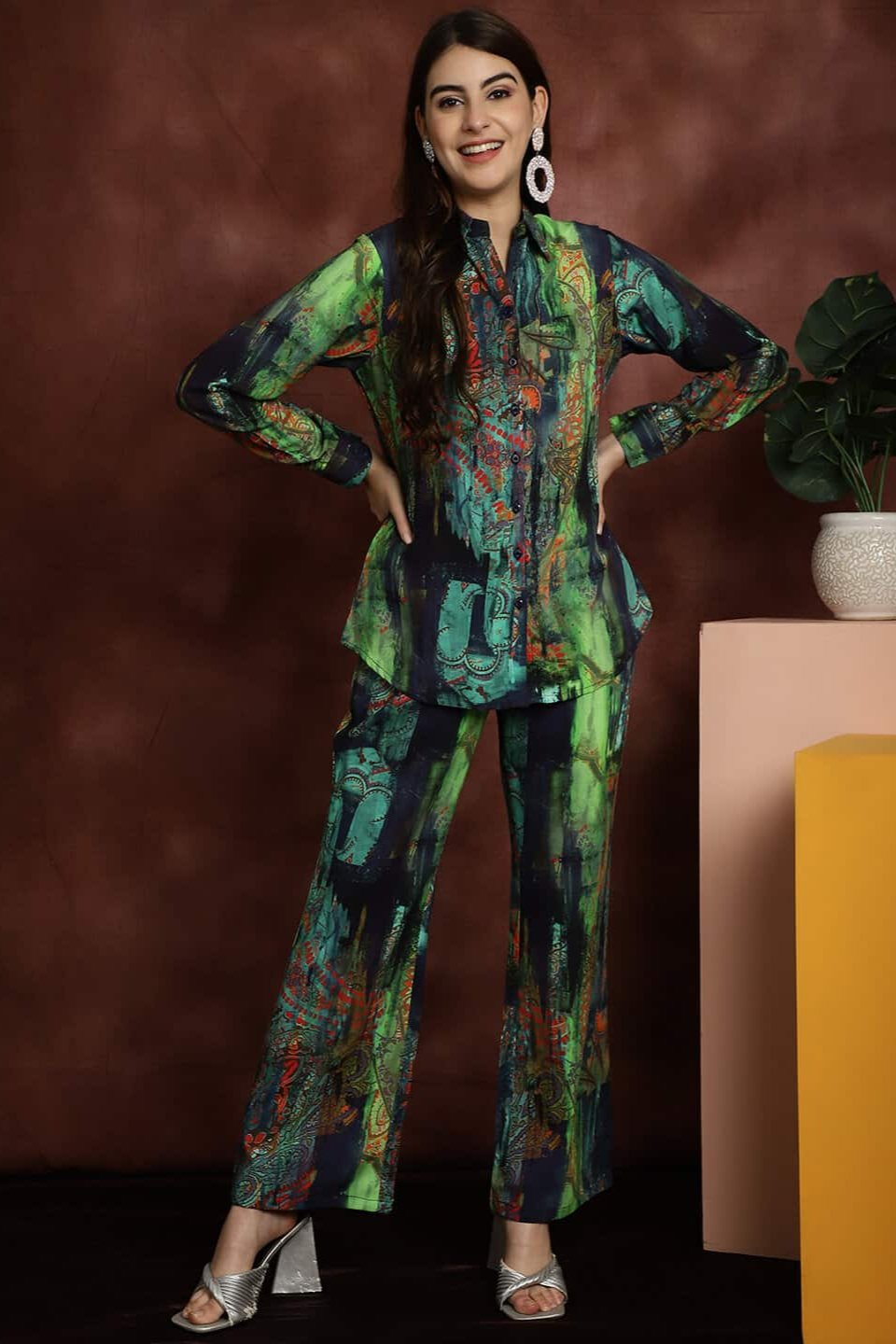 Back view of model styling Green co-ord outfit
