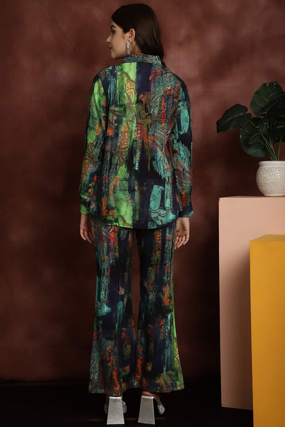 Back view of model styling Green co-ord outfit