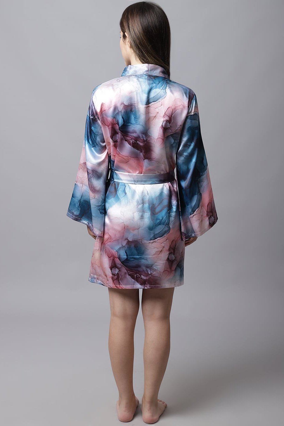 Multi color Abstract Printed Satin Robe Claura Designs Pvt. Ltd. Robe Abstract Printed, Kaftan_allsizes, Long Sleeves, multi color, Nightwear, Robe, Satin, Sleepwear