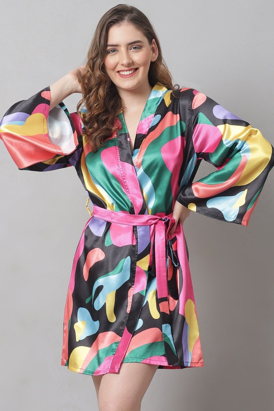 Multi Abstract Printed Satin Robe Claura Designs Pvt. Ltd. Robe Kaftan_allsizes, multi color, Nightdress, Robe, Satin, Silk, Sleepwear, Women