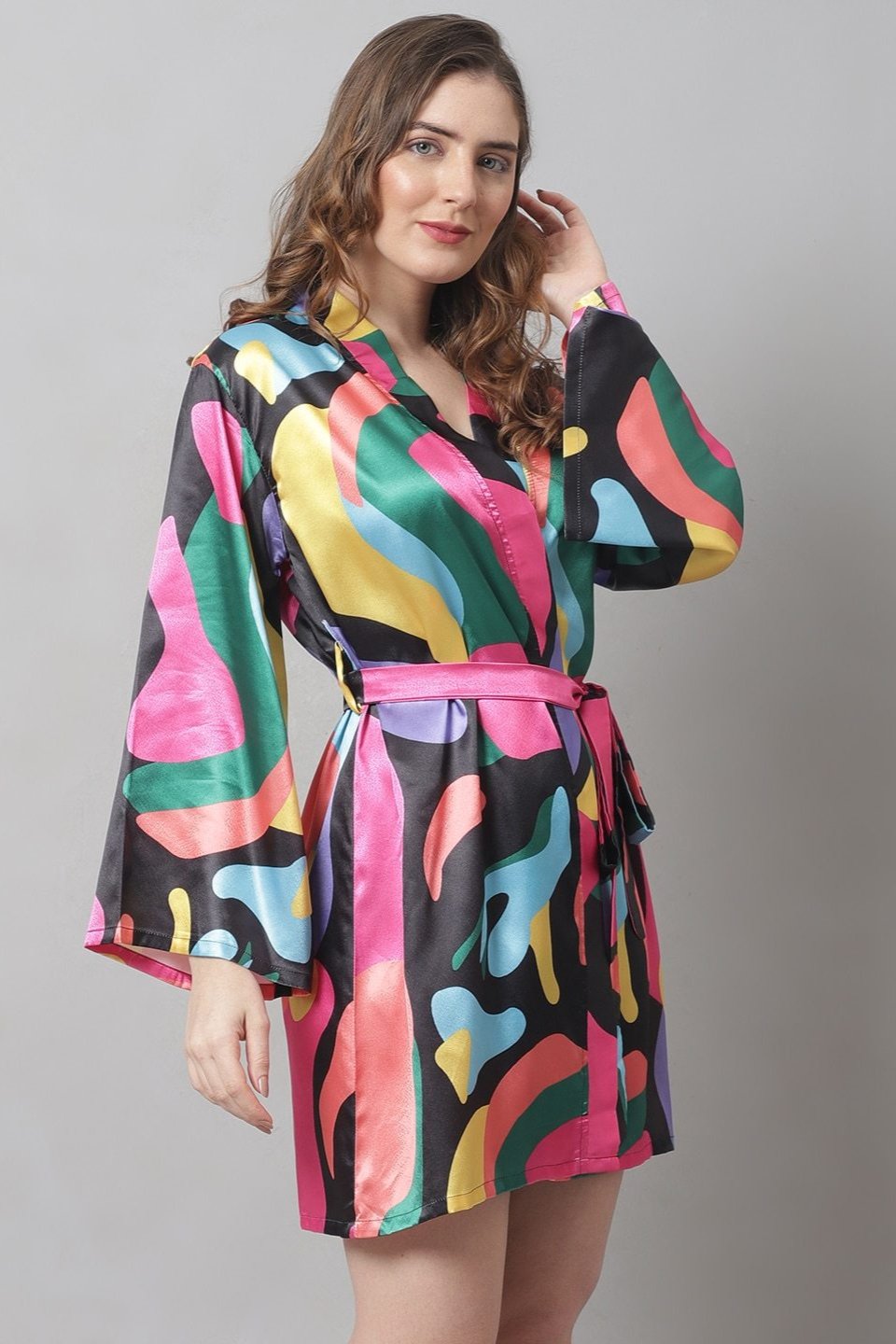 Multi Abstract Printed Satin Robe Claura Designs Pvt. Ltd. Robe Kaftan_allsizes, multi color, Nightdress, Robe, Satin, Silk, Sleepwear, Women