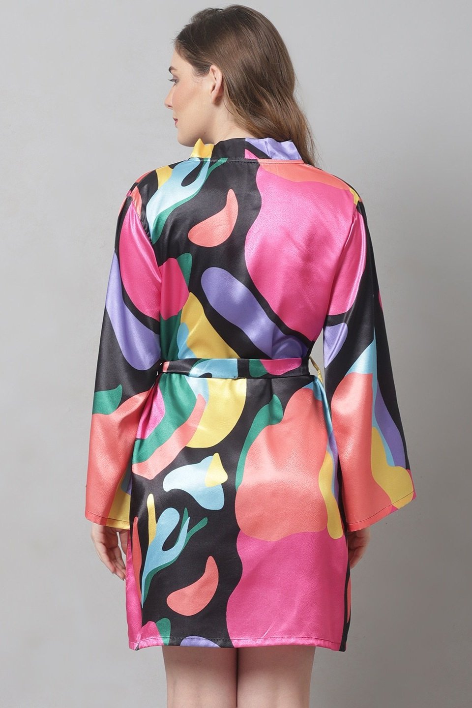 Multi Abstract Printed Satin Robe Claura Designs Pvt. Ltd. Robe Kaftan_allsizes, multi color, Nightdress, Robe, Satin, Silk, Sleepwear, Women