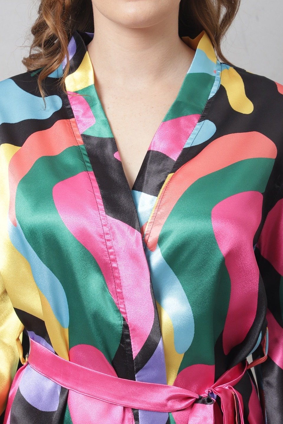 Multi Abstract Printed Satin Robe Claura Designs Pvt. Ltd. Robe Kaftan_allsizes, multi color, Nightdress, Robe, Satin, Silk, Sleepwear, Women