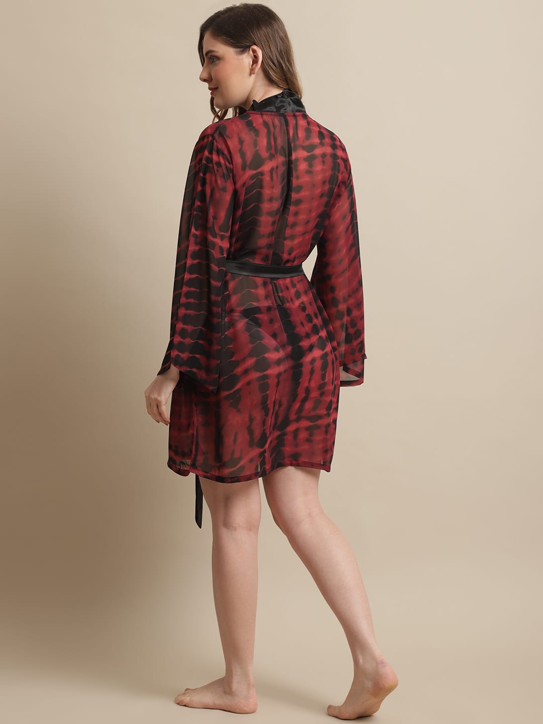 Black & Maroon Tie and Dye Printed Georgette Lounge Robe Claura Designs Pvt. Ltd. Robe Georgette, Kaftan_allsizes, Robe, Sleepwear, tie and dye, Women