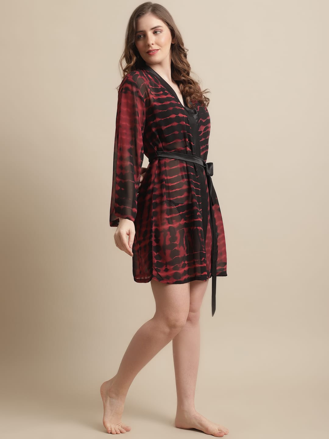 Black & Maroon Tie and Dye Printed Georgette Lounge Robe Claura Designs Pvt. Ltd. Robe Georgette, Kaftan_allsizes, Robe, Sleepwear, tie and dye, Women