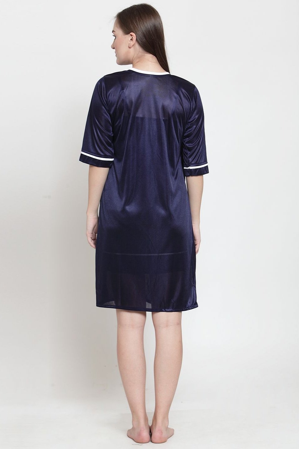 Navy Blue Color Solid Printed Satin Nightyrobe For Women Claura Designs Pvt. Ltd. Robe Kaftan_allsizes, Navy Blue, Nightyrobe, Satin, Solid Printed