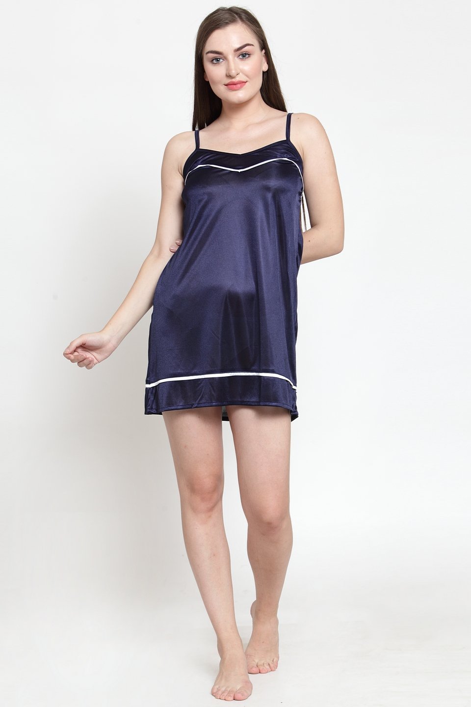 Navy Blue Color Solid Printed Satin Nightyrobe For Women Claura Designs Pvt. Ltd. Robe Kaftan_allsizes, Navy Blue, Nightyrobe, Satin, Solid Printed