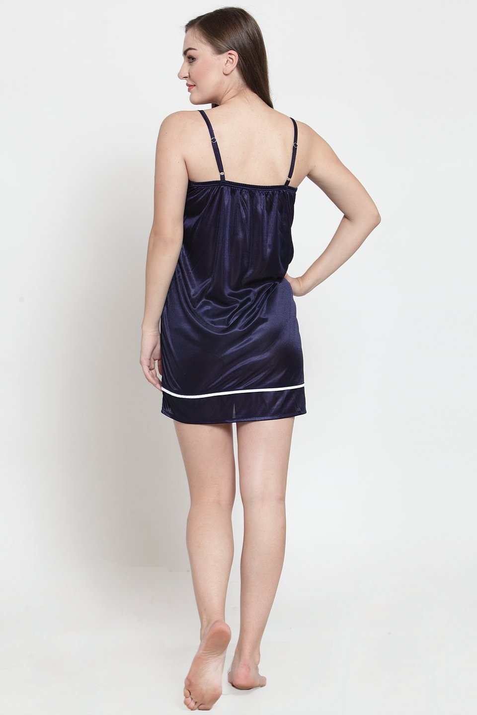 Navy Blue Color Solid Printed Satin Nightyrobe For Women Claura Designs Pvt. Ltd. Robe Kaftan_allsizes, Navy Blue, Nightyrobe, Satin, Solid Printed