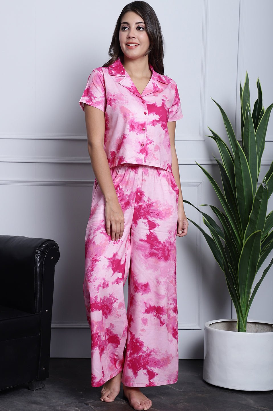 Woman wearing Pink Printed Rayon Night Suit