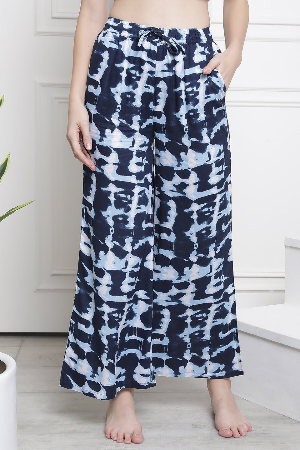 Navy Blue Flared Printed Viscose Rayon Lounge Pants Claura Designs Pvt. Ltd. Lounge Pants Flarred, Lounge Pant, Loungepant_size, Lower, Navy Blue, Pajama, Plazzo, Rayon, Women
