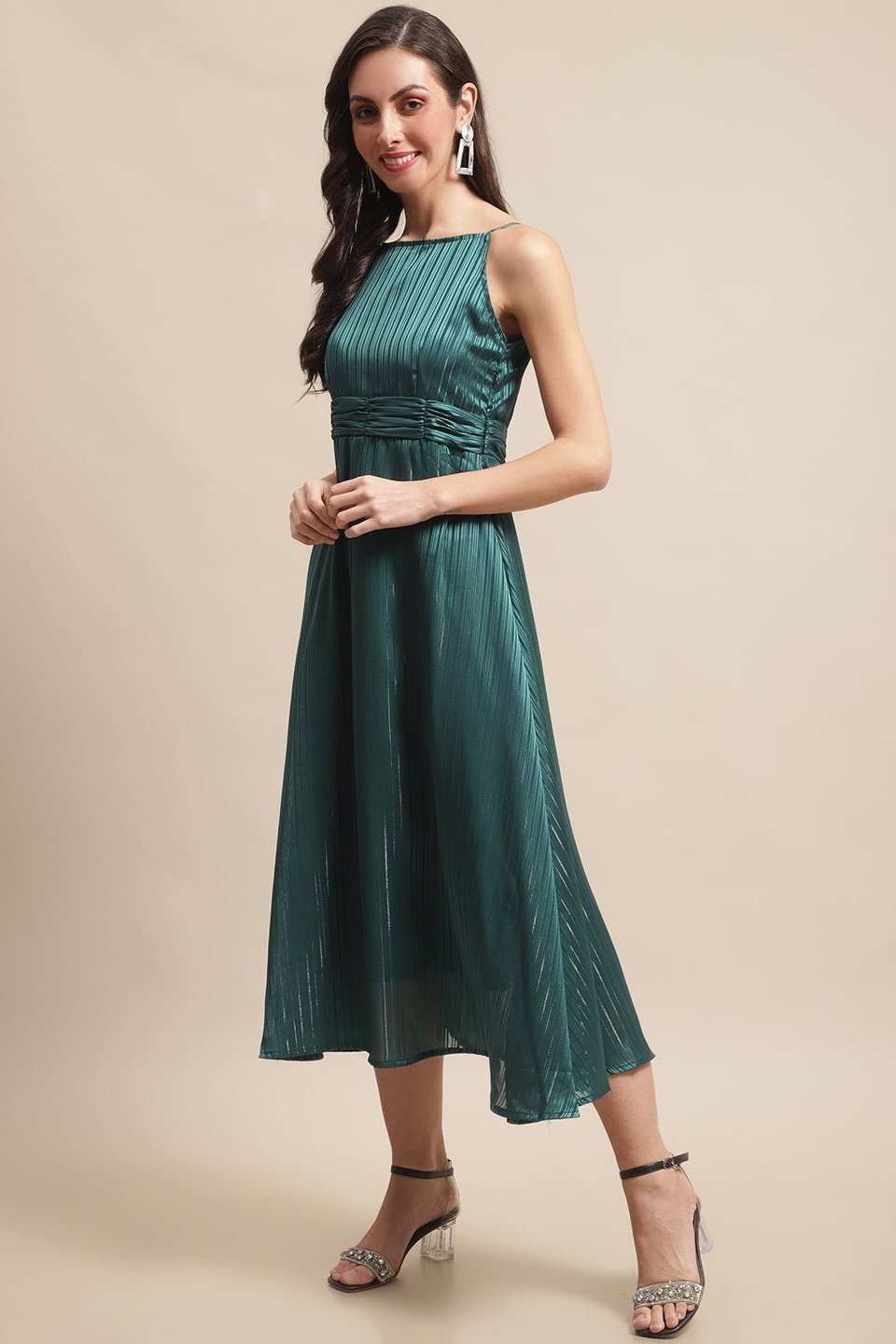 Green Color Solid Printed Self Design Georgette Dress For Women Claura Designs Pvt. Ltd. Ethic dress Dress, Dresses, Georgette, Green, Party wear, Solid Printed, Western