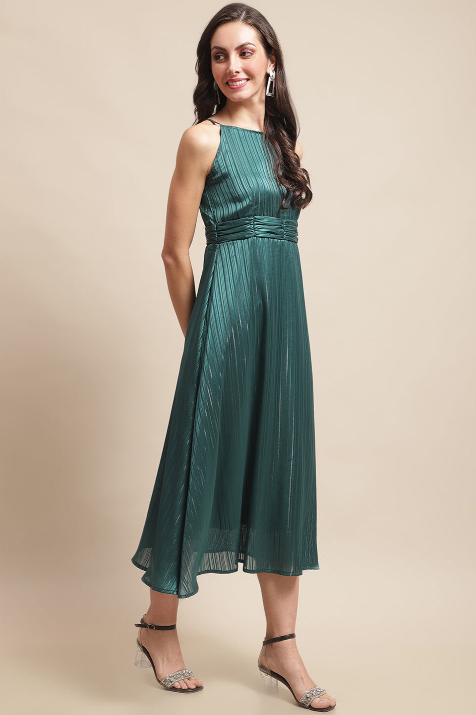Green Color Solid Printed Self Design Georgette Dress For Women Claura Designs Pvt. Ltd. Ethic dress Dress, Dresses, Georgette, Green, Party wear, Solid Printed, Western