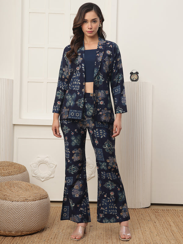 Navy Blue Chanderi Silk Co-Ord Set for Women With Jacket