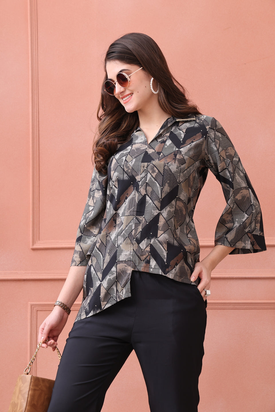 Woman wearing Black Abstract Co-Ord Set 