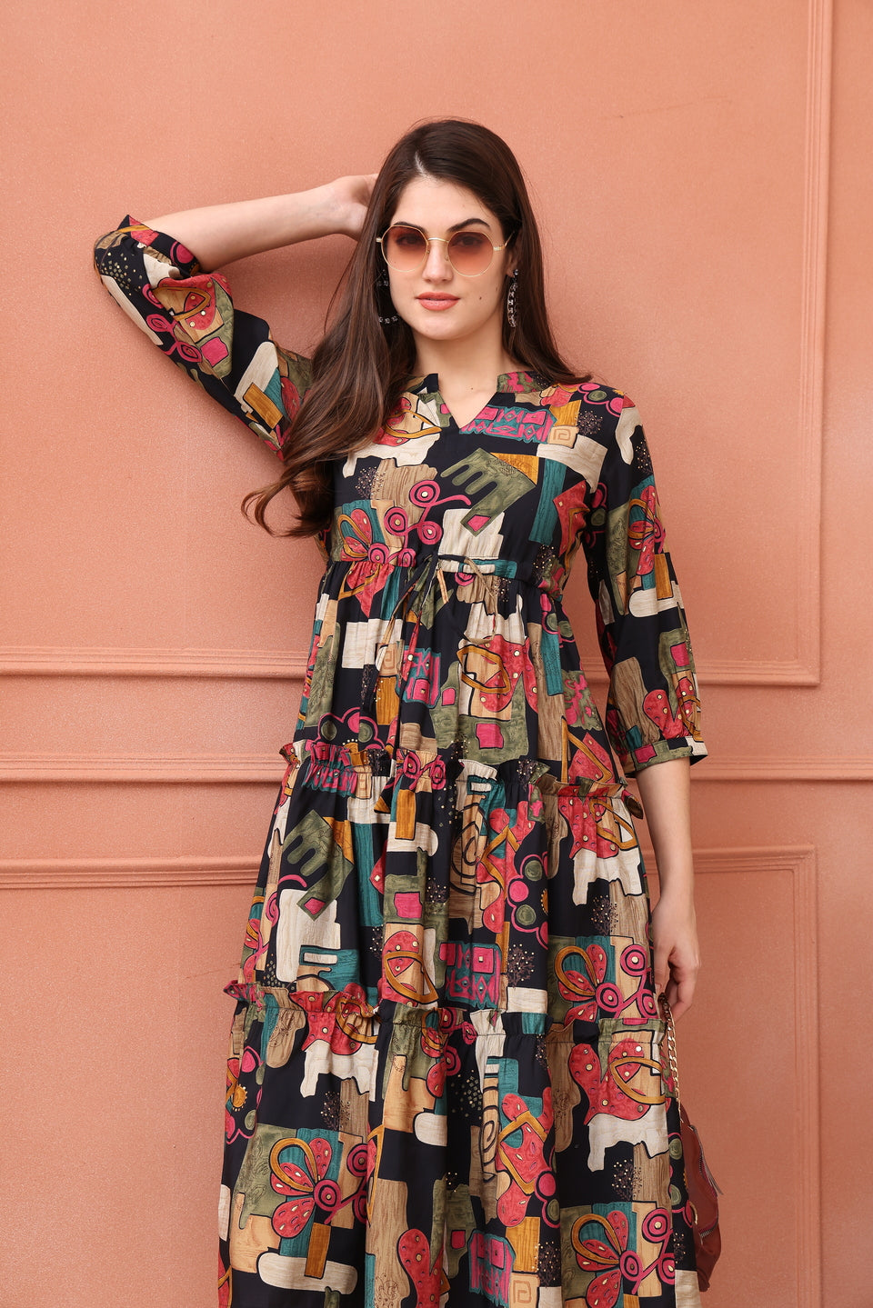 Woman wearing Black Abstract Printed Dress