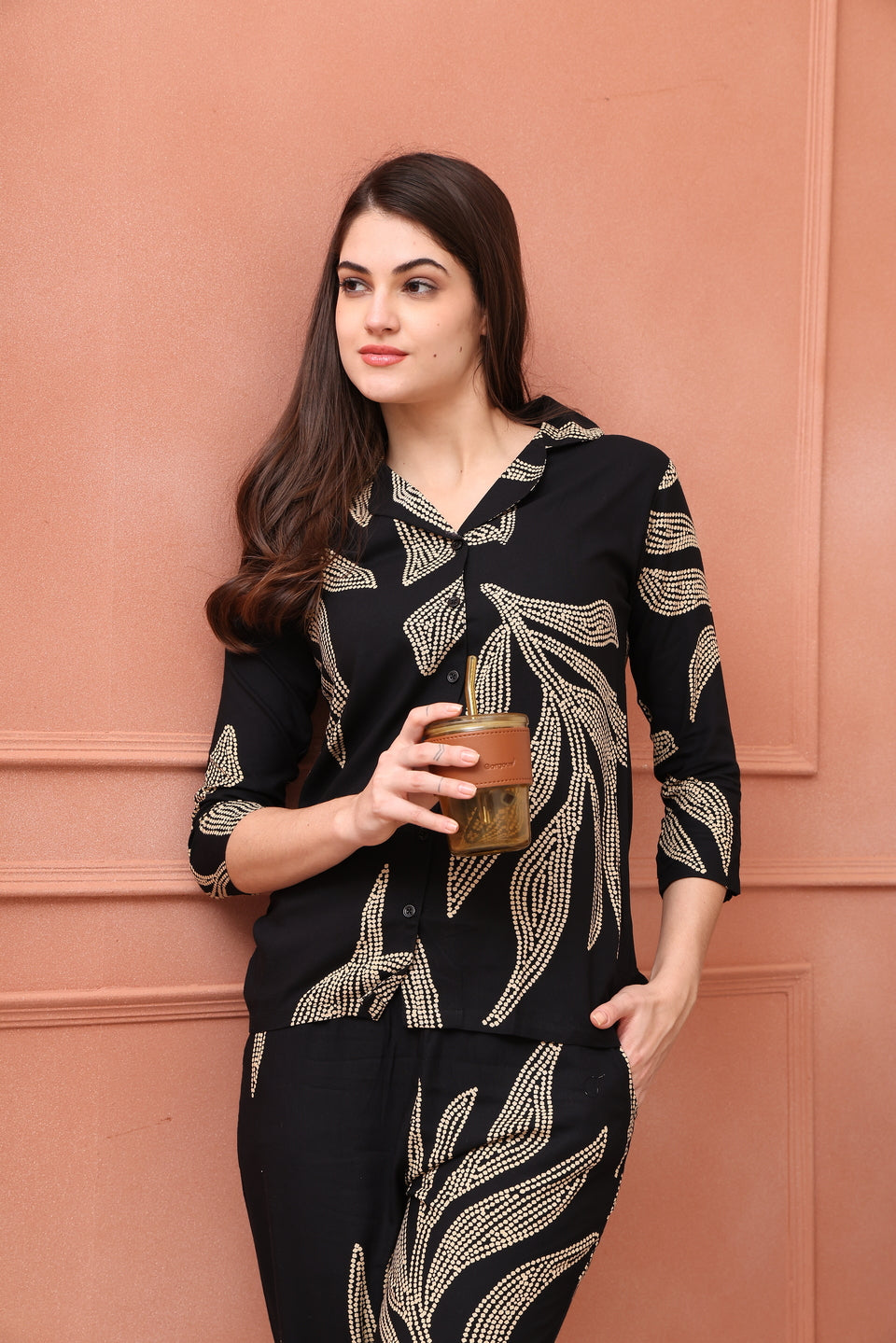 Black Floral Printed Viscose Rayon Night Suit for Women by Claura

