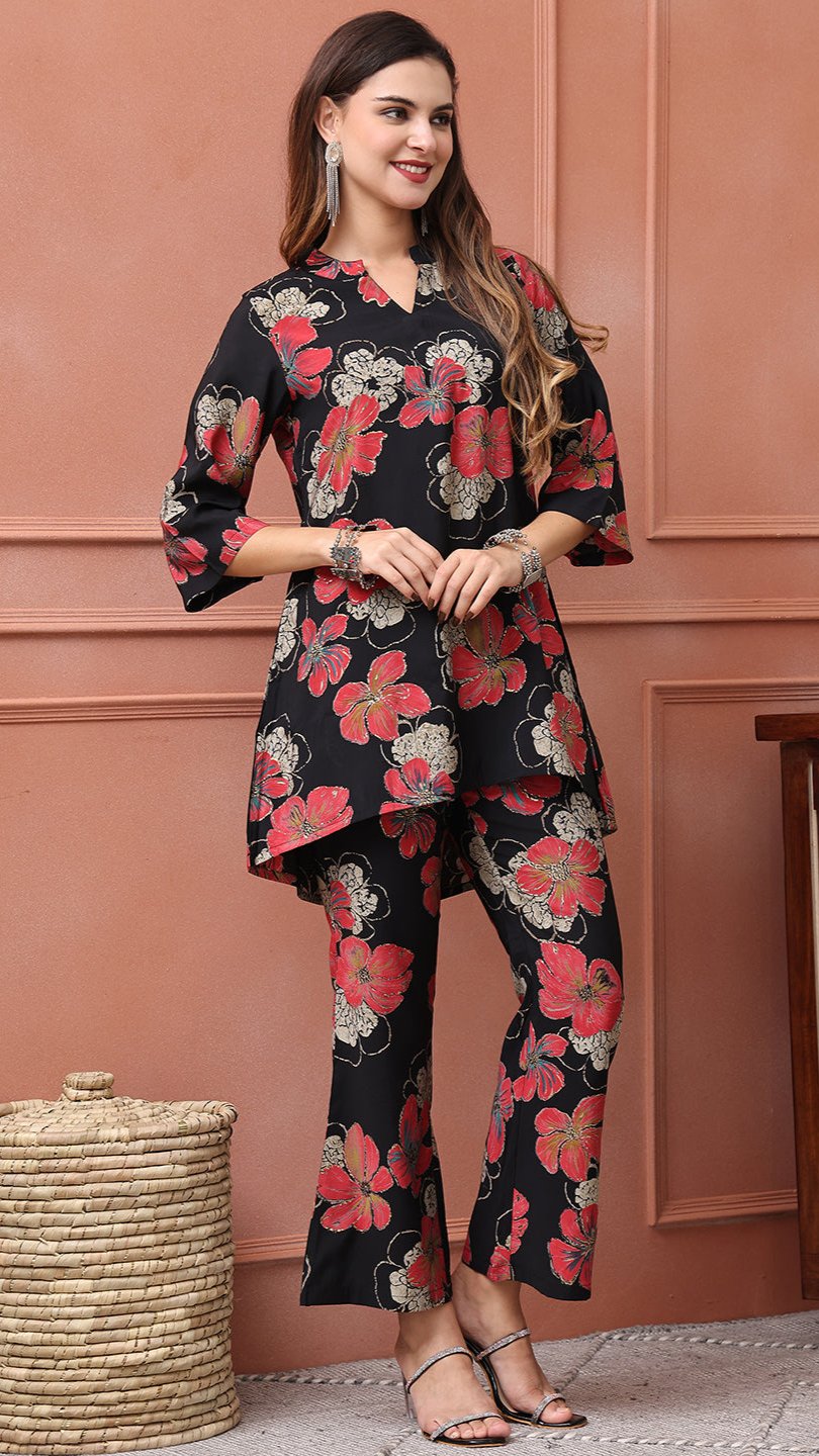 Lifestyle shot of Floral Print Co-Ord Set at a cafe