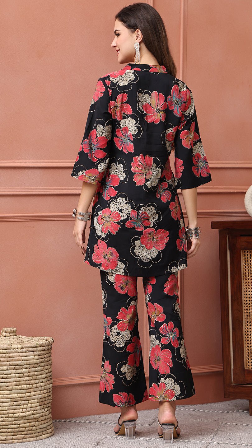 Back view of model styling Black floral co-ord outfit
