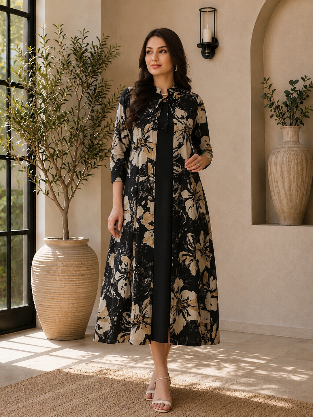 Black Color Floral Printed Chanderi Silk Dress for Women | Claura