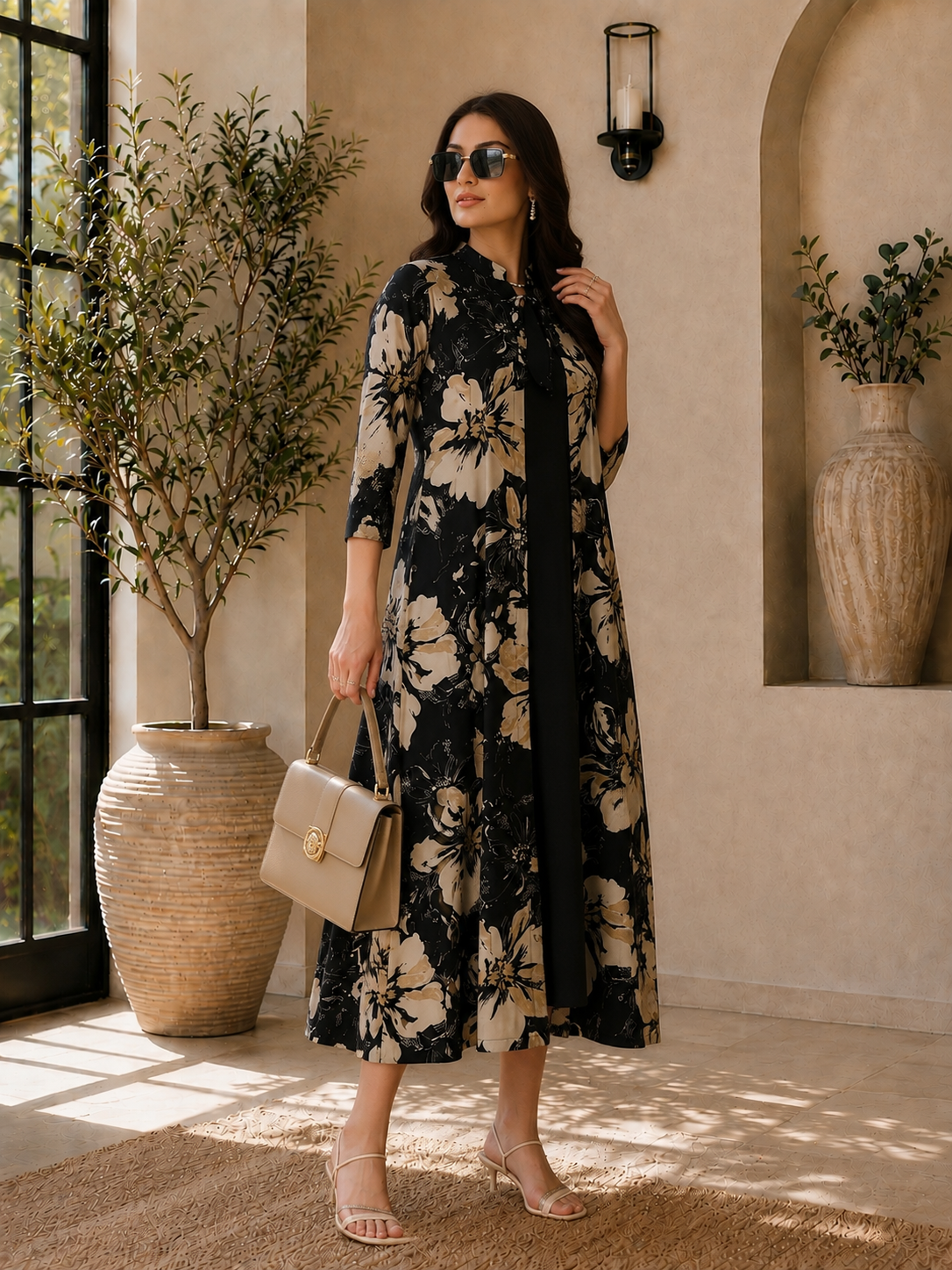 Black Color Floral Printed Chanderi Silk Dress for Women | Claura