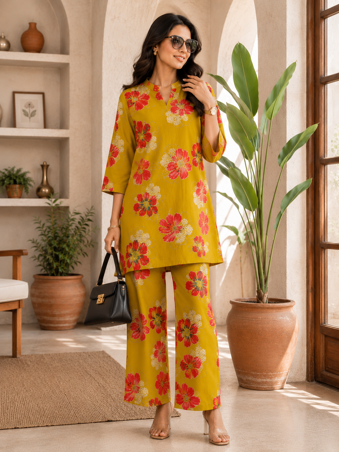 Mustard Floral Printed Chanderi Silk Co-Ord Set for Women