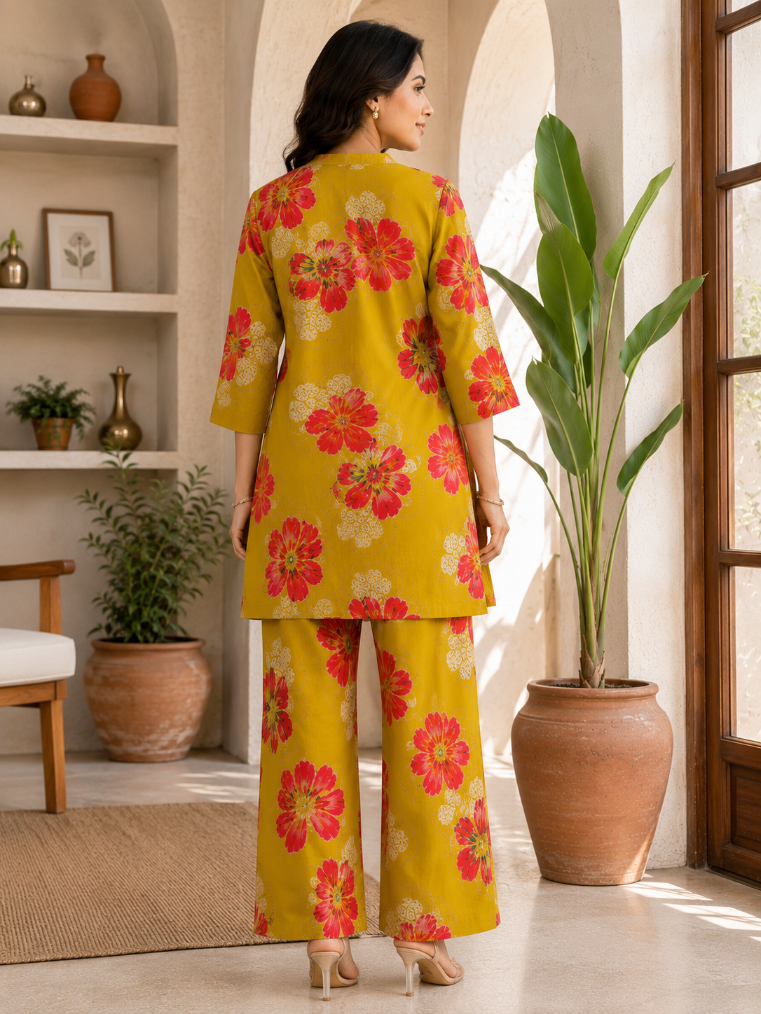 Mustard Floral Printed Chanderi Silk Co-Ord Set for Women