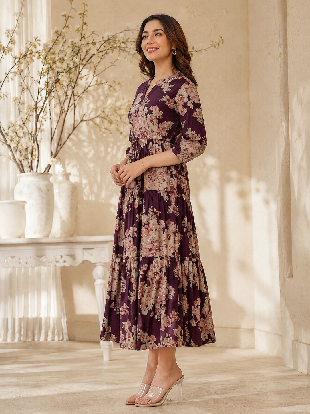 Purple Floral Printed Chanderi Silk Dress for Women | Claura