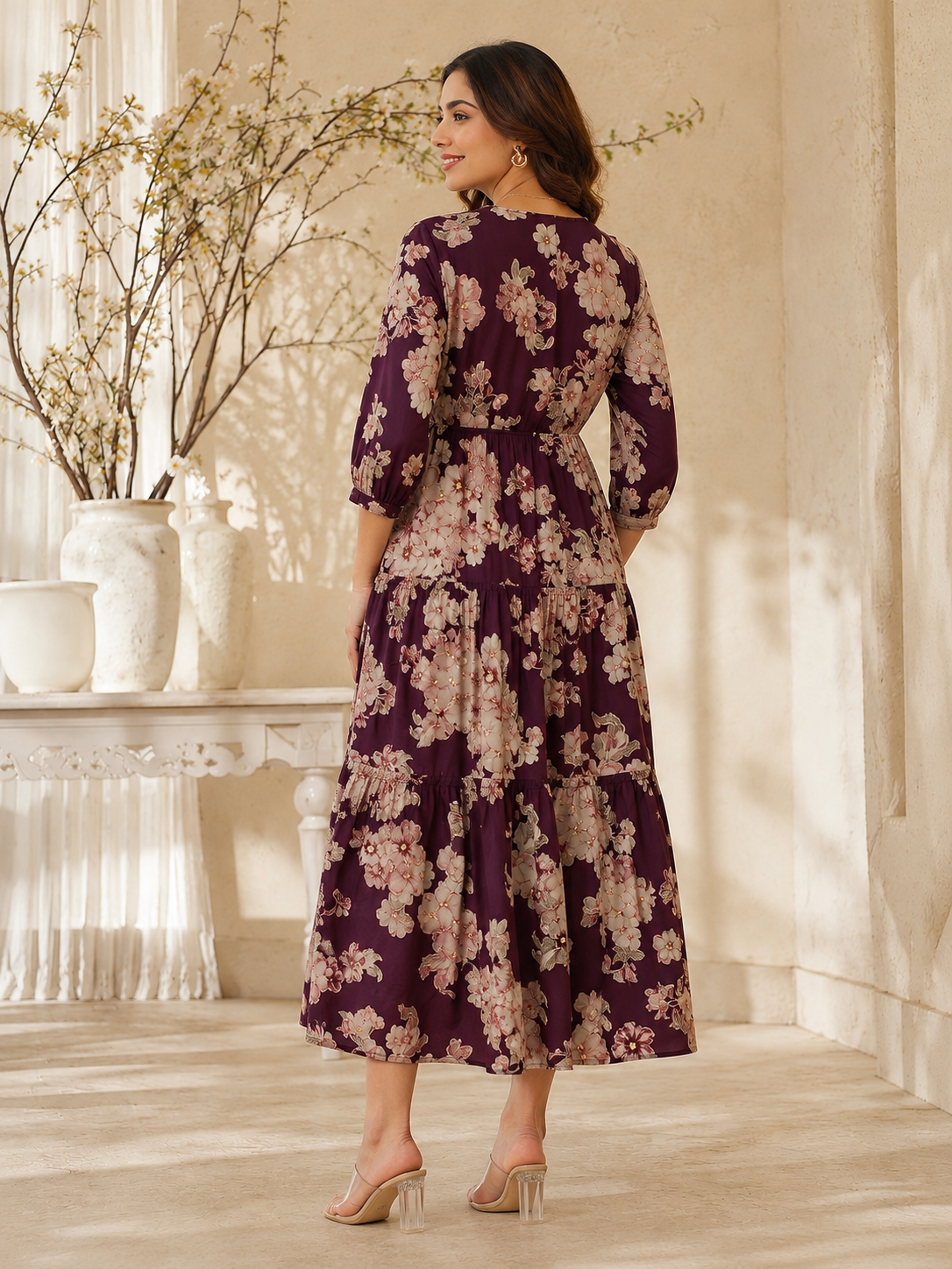 Purple Floral Printed Chanderi Silk Dress for Women | Claura
