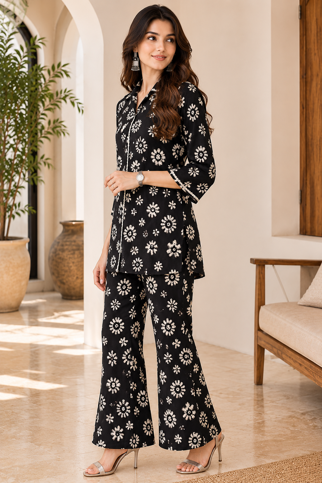 Black Floral Chanderi Co-Ord for Women | Claura