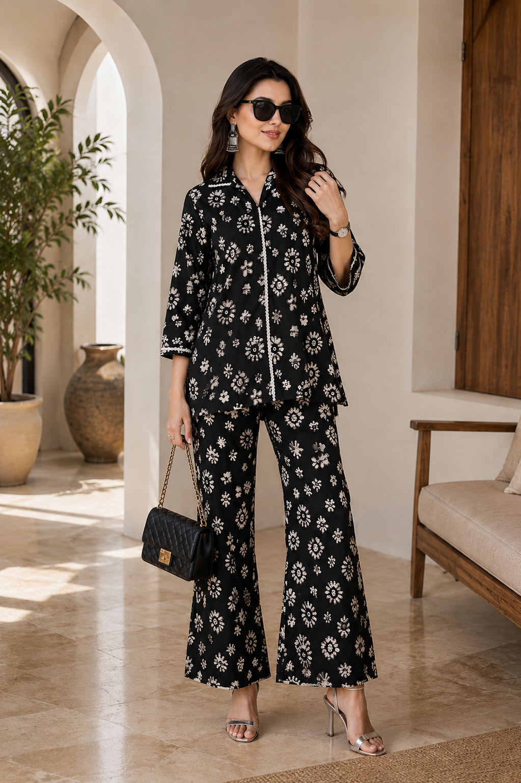 Black Floral Chanderi Co-Ord for Women | Claura