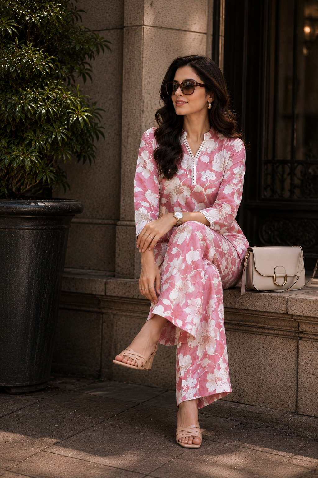 Pink Floral Premium Chanderi Silk Co-Ord Set For Women