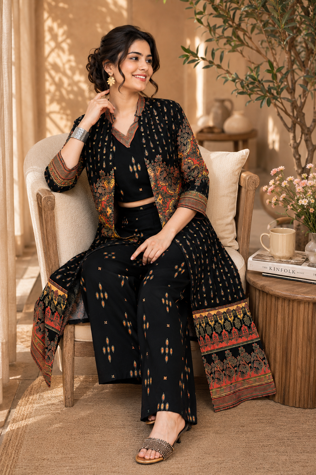 Black Ethnic Printed Viscose Rayon Co-Ord Set for Women | Claura