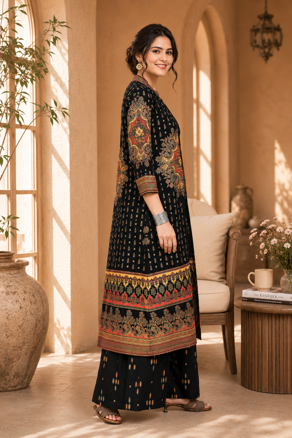 Black Ethnic Printed Viscose Rayon Co-Ord Set for Women | Claura
