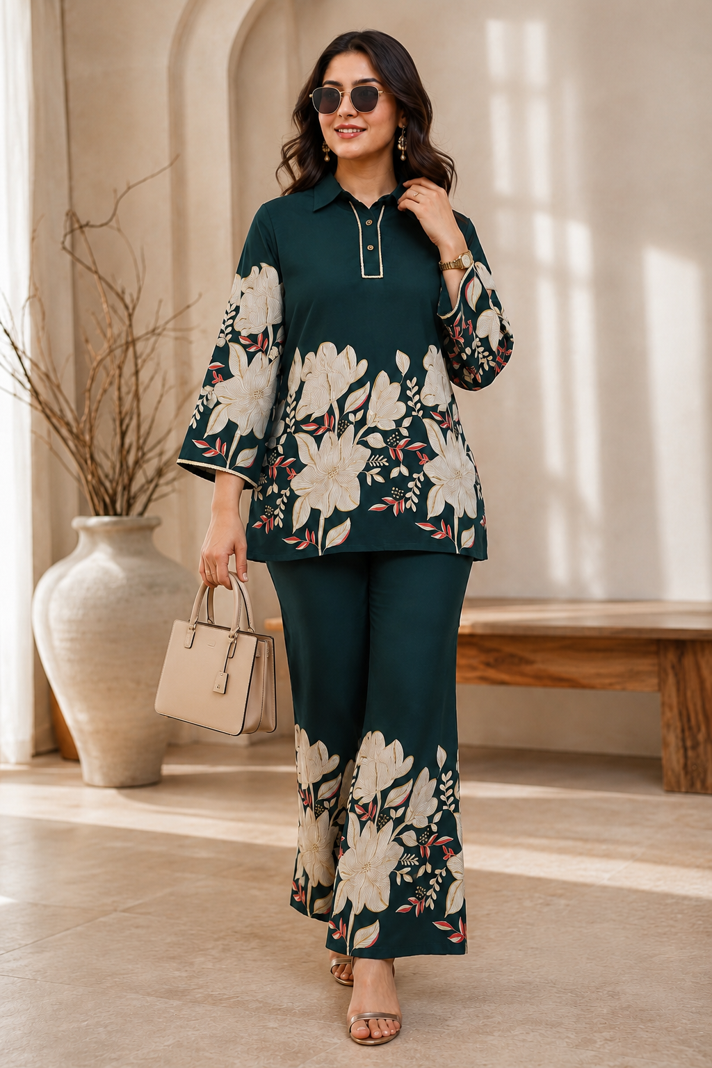 Dark Green Floral Chanderi Co-Ord Set for Women | Claura