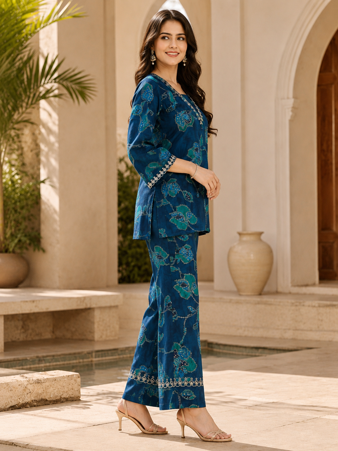 Blue Abstract Chanderi Silk Shirt Collar Co-Ord Set Women