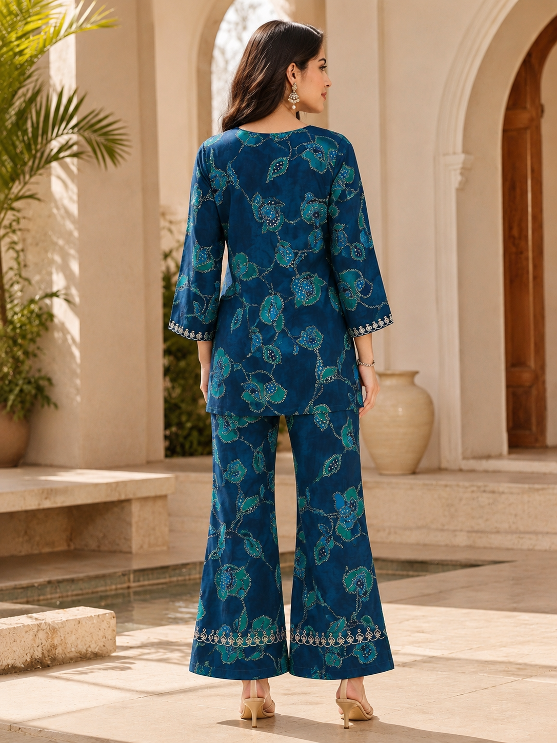 Blue Abstract Chanderi Silk Shirt Collar Co-Ord Set Women