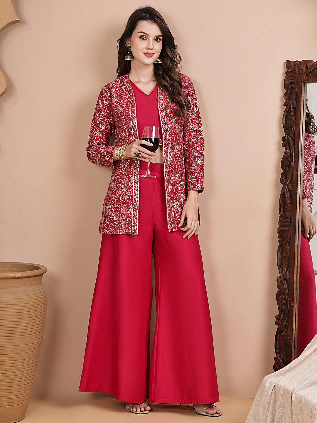 Pink printed co-ord set with embroidered long jacket