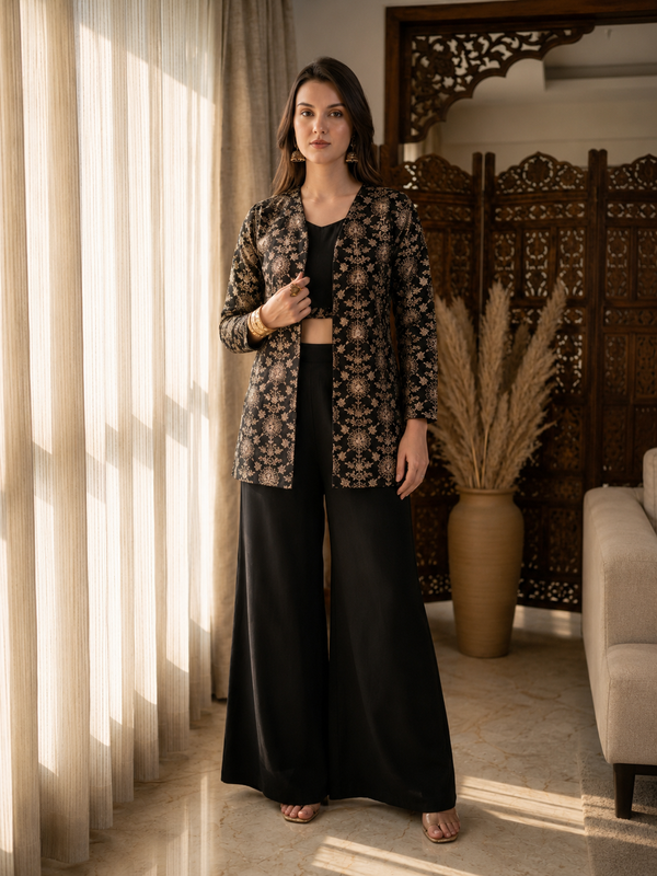 Black Ethnic Chanderi Silk Co-Ord Set for Women, Embroidered
