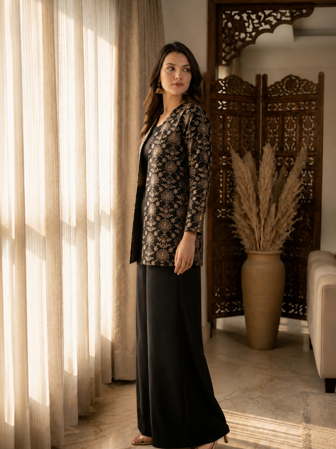 Black Ethnic Chanderi Silk Co-Ord Set for Women With Embroidered Jacket | Claura