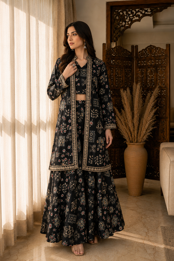 Black Ethnic 3-Piece Chanderi Silk Co-Ord Set for Women