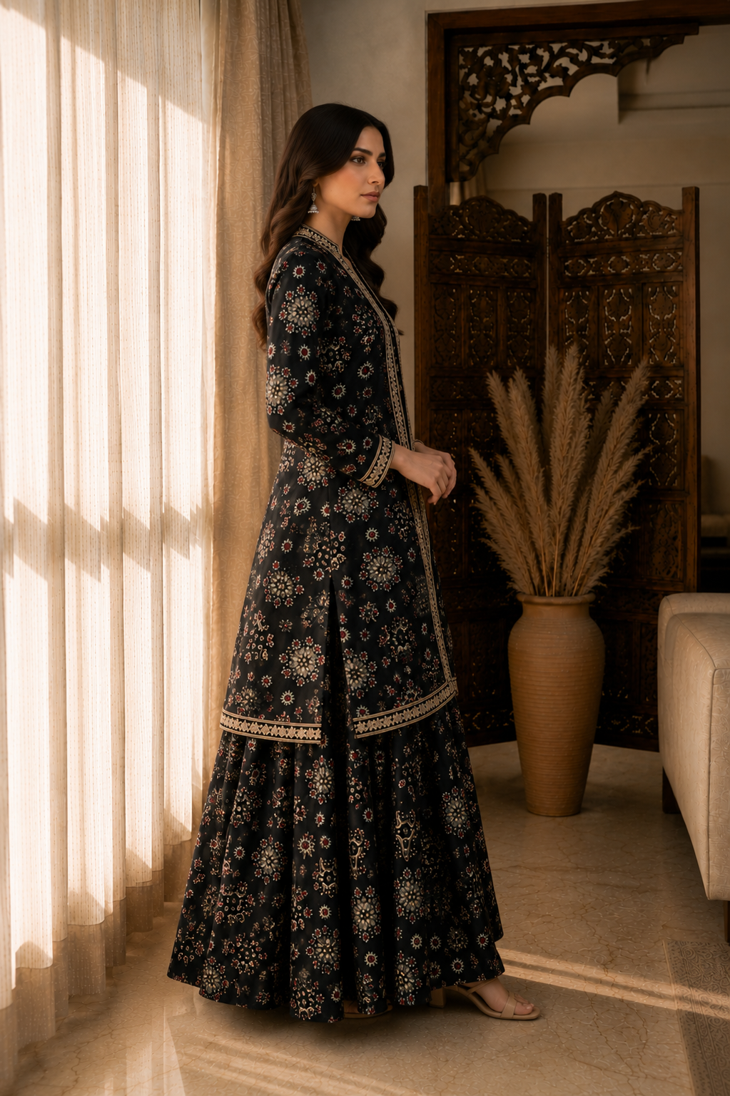 Black Ethnic Printed 3-Piece Chanderi Silk Co-Ord Set for Women | Claura