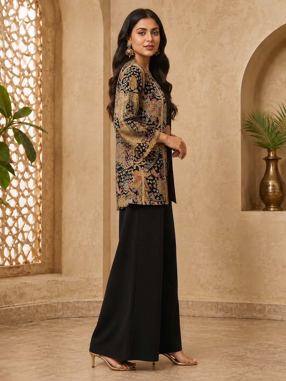 Black Ethnic Chanderi Silk Co-Ord Set for Women With Jacket