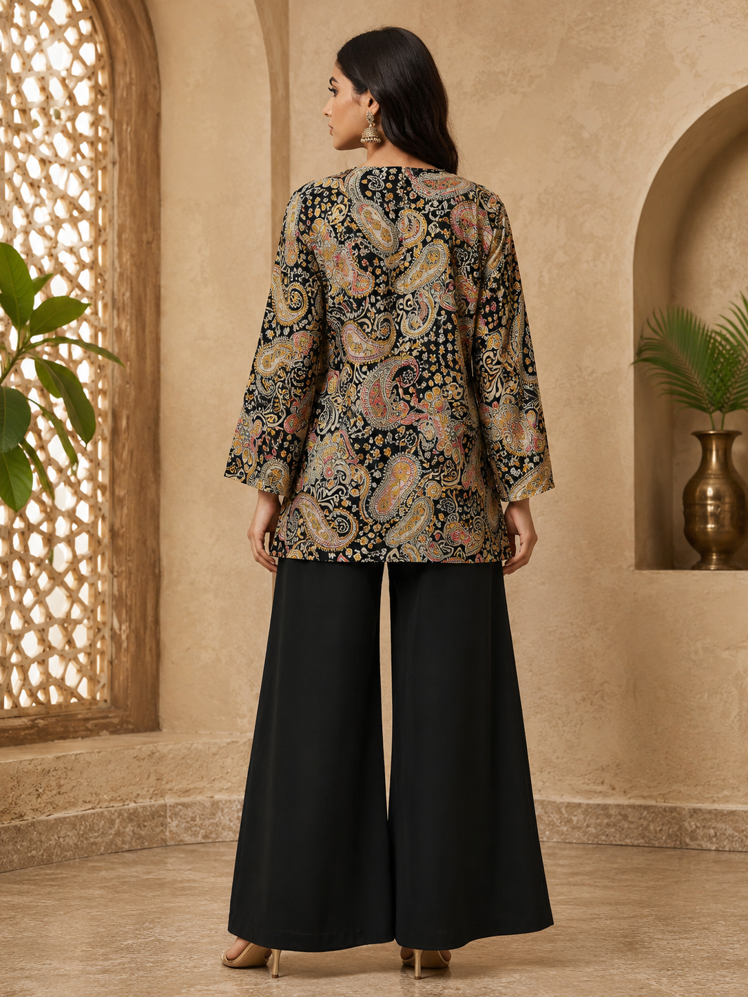 Black Ethnic Chanderi Silk Co-Ord Set for Women With Jacket