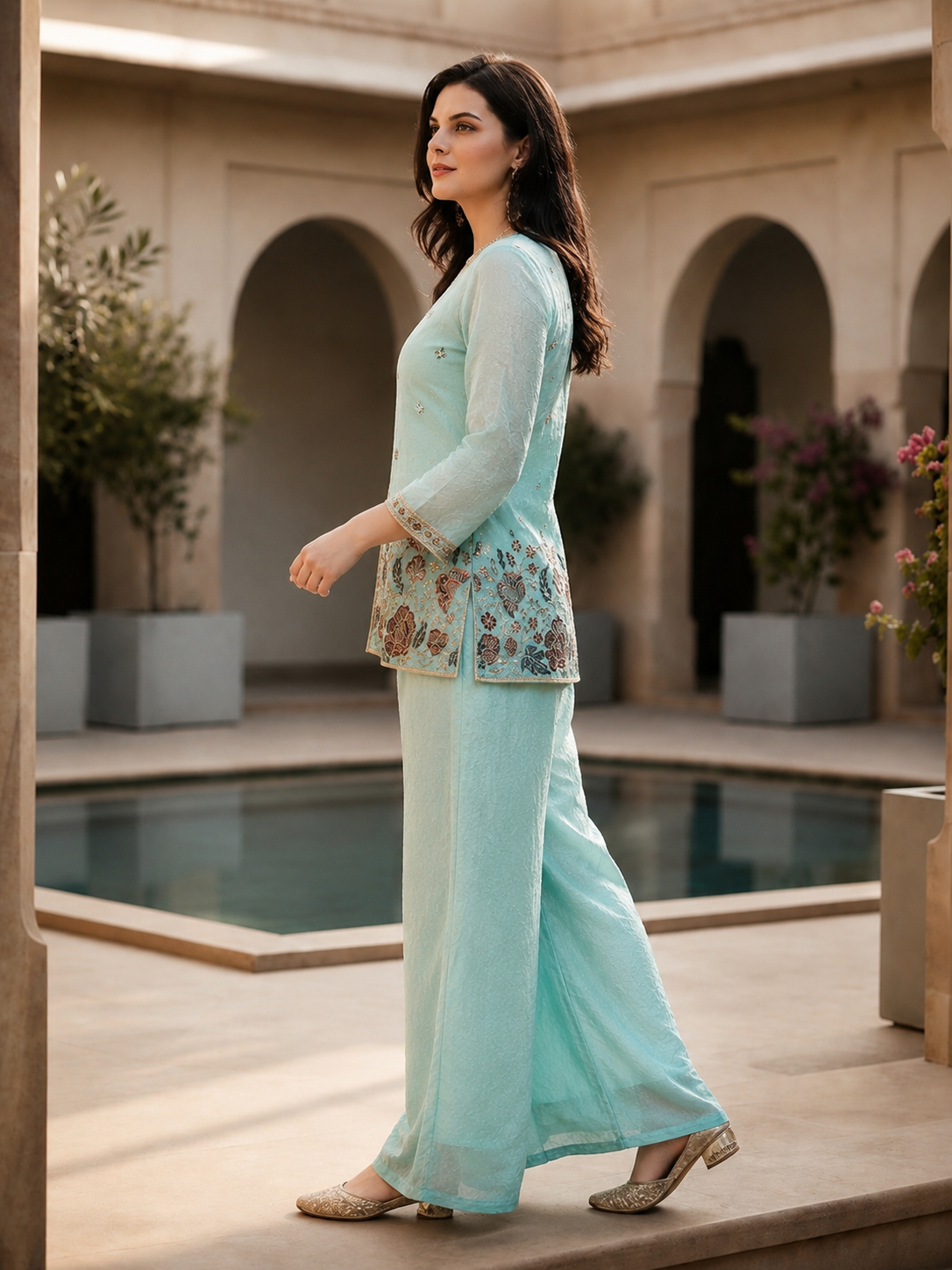 Pastel Blue Embroidered Tunic with Flowy Palazzo Set | Claura