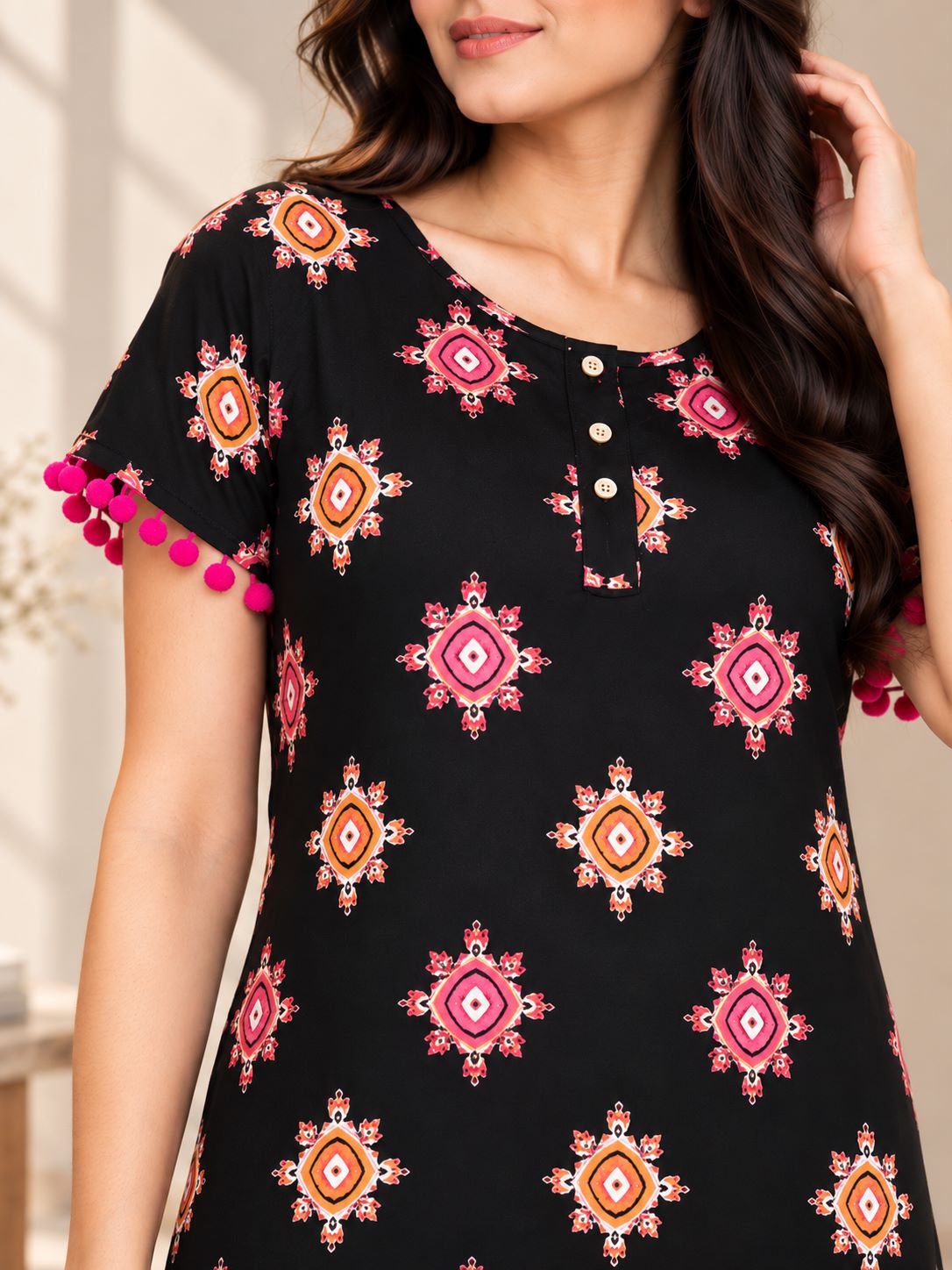Black Geometric Print Round Neck Maxi Nighty For Women | Claura