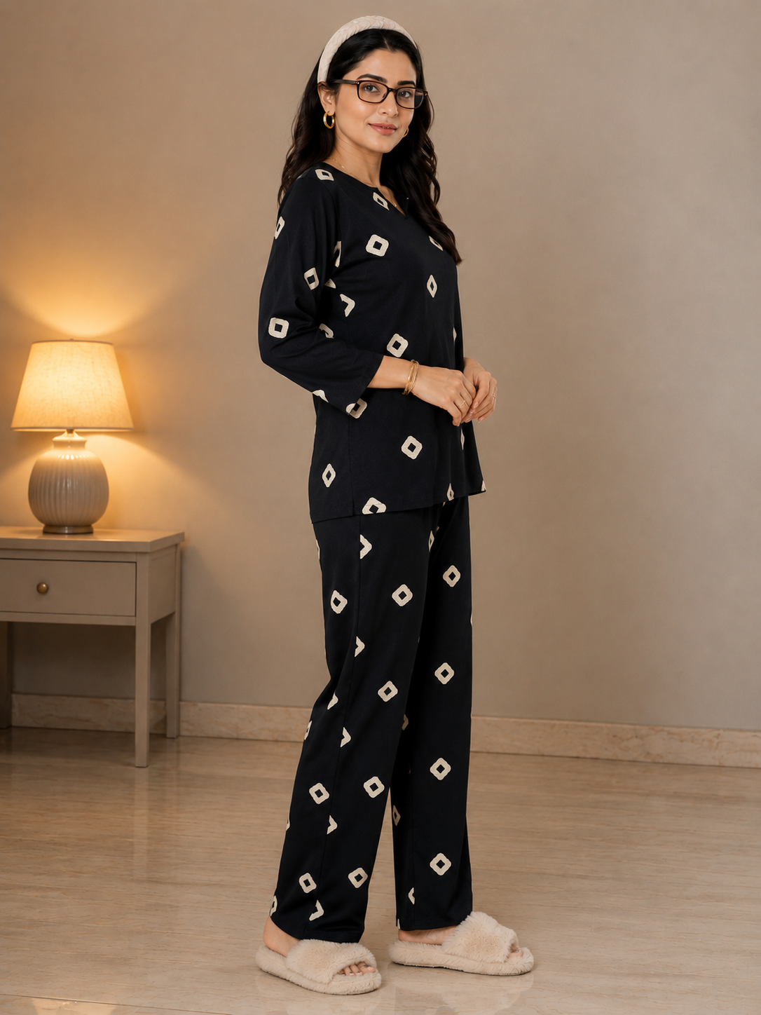 Black Ivory Motif V-Neck Rayon Night Suit For Women | Women
