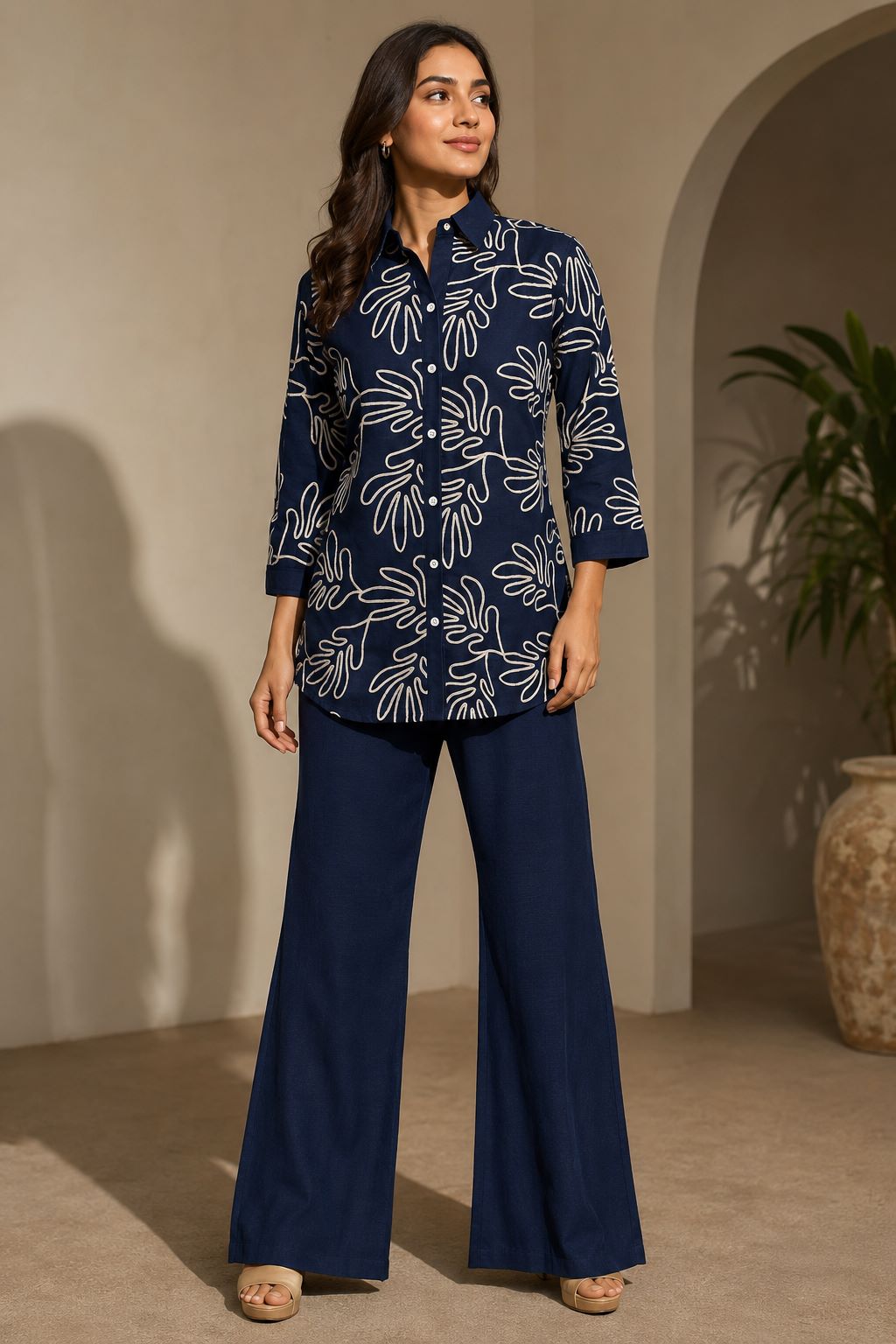 Navy Blue Embroidered Linen Shirt & Palazzo Co-Ord Set | Claura